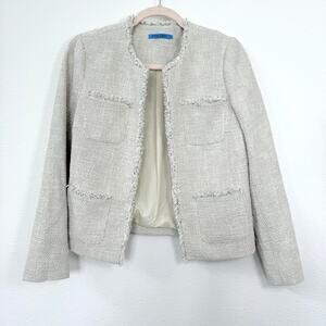 J.McLaughlin Tweed Fringe Trim Jacket XS Beige Open Front Pocket Blazer NWOT